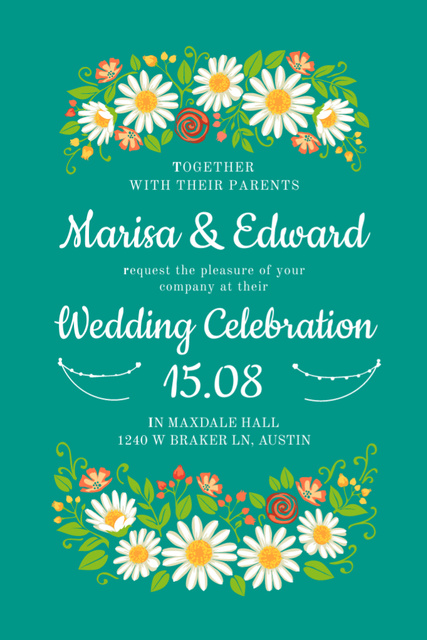 Wedding Invitation with Flowers Illustration in Green Flyer 4x6in tervezősablon