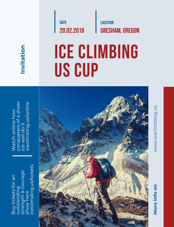 Template di design offerta tour climber walking on snowy peak Invitation 13.9x10.7cm