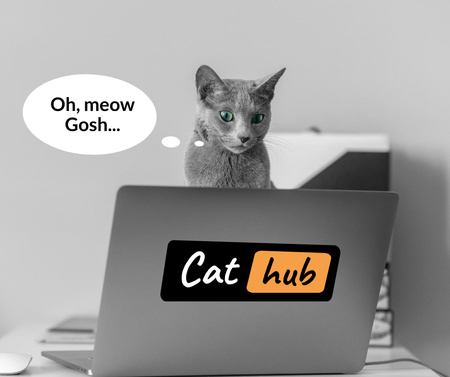 Ontwerpsjabloon van Facebook van Funny Cat looking at Laptop