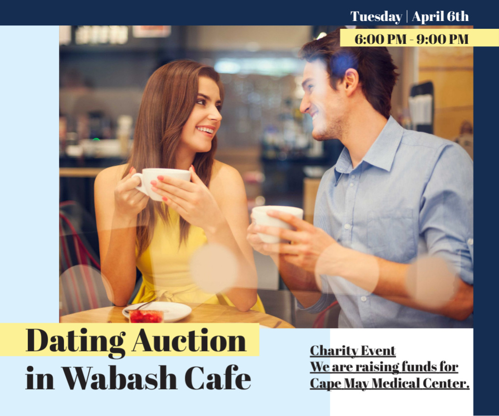 Cafe Dating Auction Announcement with Loving Couple Medium Rectangle Design Template