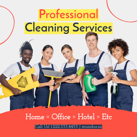 Flexible Cleaning Service Team at Work With Equipment Instagram AD Design Template