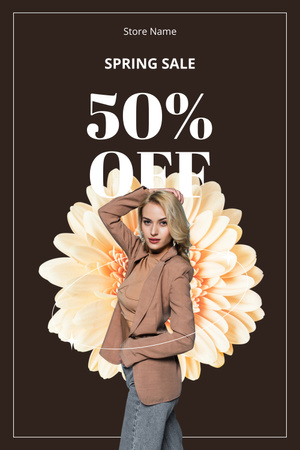 Spring Sale Announcement with Beautiful Blonde Woman and Flower Pinterest Design Template