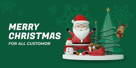 Designvorlage Festliche Figur des Weihnachtsmanns mit Weihnachtsbaum auf Grün für Twitter