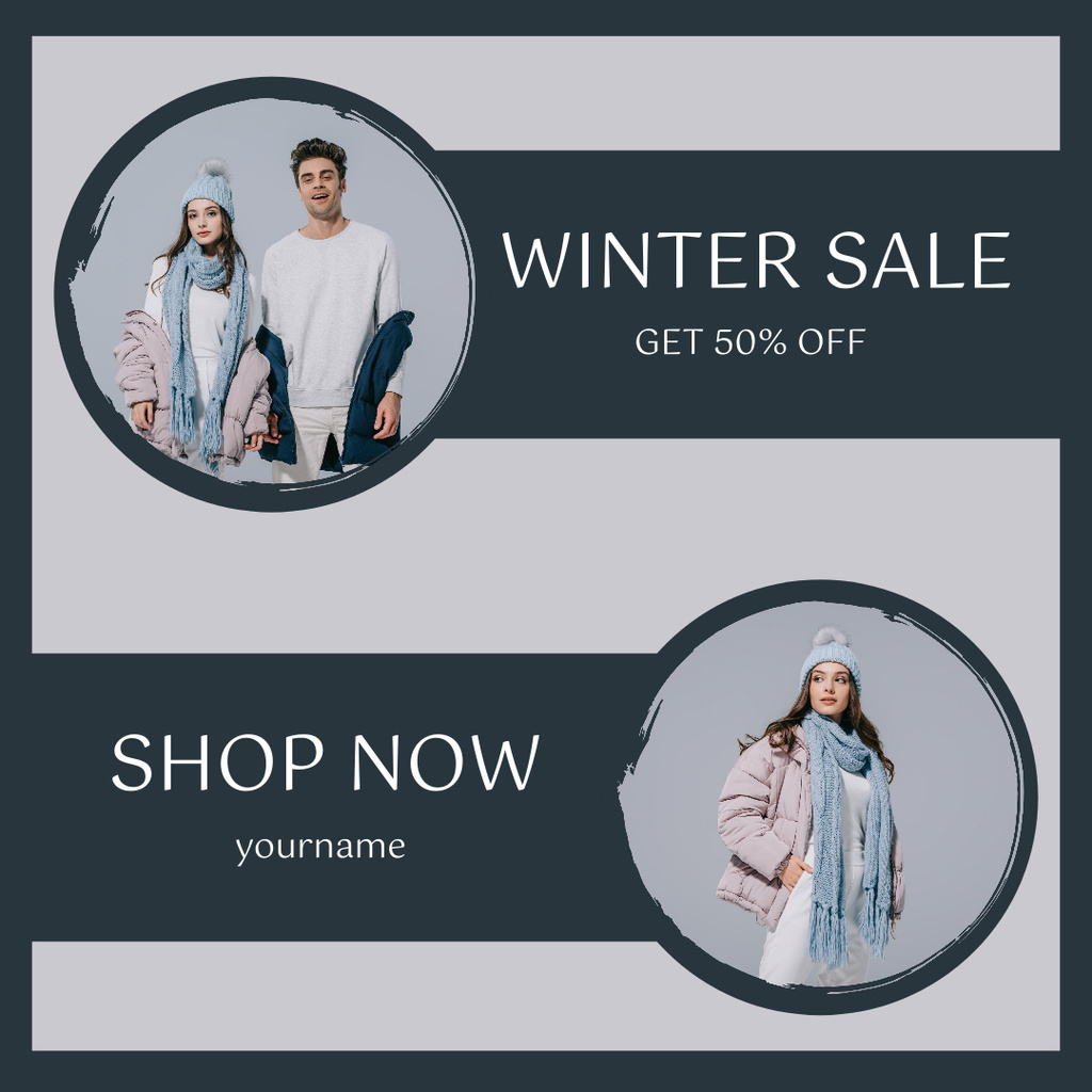 Winter Sale Announcement with Couple in Warm Clothes Instagram Tasarım Şablonu