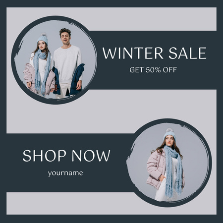 Объявление о зимней распродаже с парой в теплой одежде Instagram – шаблон для дизайна