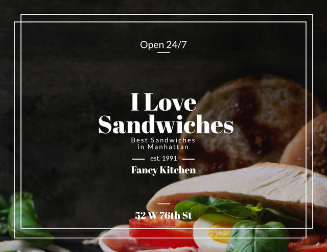 Restaurant Ad with Fresh Crispy Sandwiches Flyer 8.5x11in Horizontal Šablona návrhu