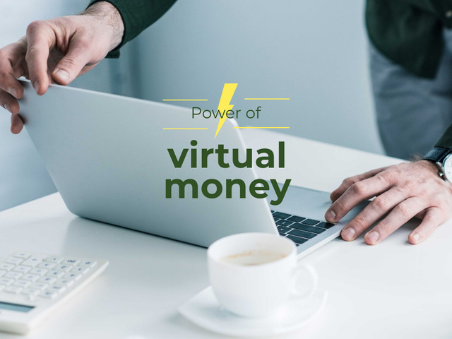 Virtual Money Concept with Man Working on Laptop Presentation tervezősablon