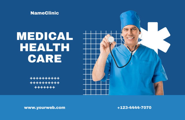 Template di design Medical Health Care Services with Doctor Holding Stethoscope Thank You Card 5.5x8.5in
