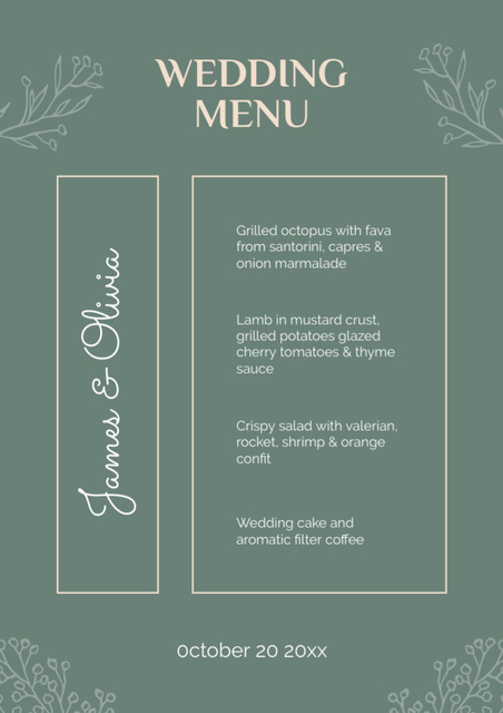Elegant Green Grey Wedding Food List Menu Design Template