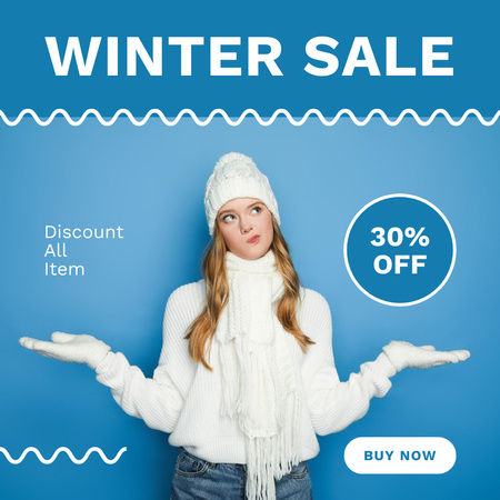 Winter Sale Announcement with Cute Young Woman Instagram Design Template