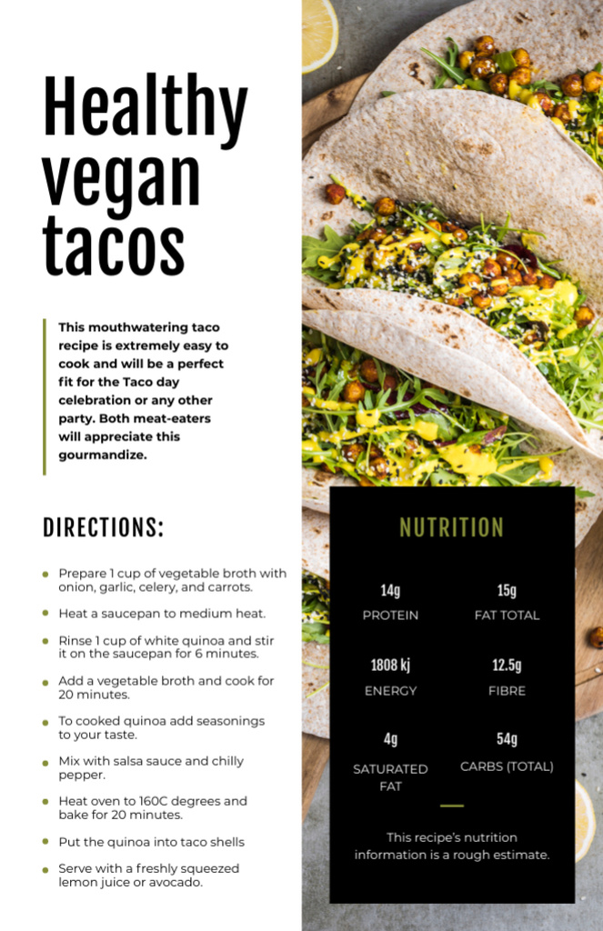 Designvorlage Vegan Tacos dish für Recipe Card