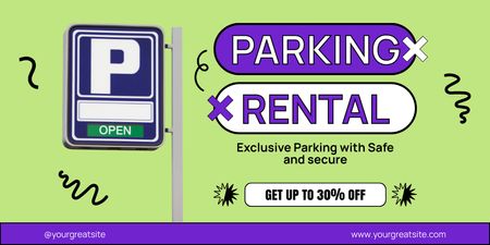 Объявление о скидках на аренду парковки с фиолетовым знаком Twitter – шаблон для дизайна