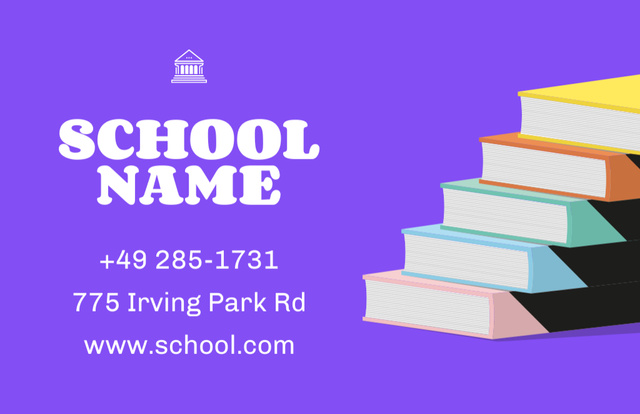 Modern School Promotion With Bunch Of Books In Purple Business Card 85x55mm Design Template