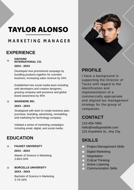 Marketing Manager Skills With Degree And Experience Resume Design Template