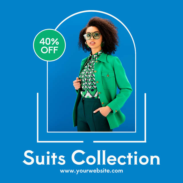 Suits Collection Announcement with Woman in Green Jacket Instagram tervezősablon