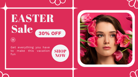Pääsiäisalennusilmoitus brunette-naisen ja vaaleanpunaisten tulppaanien kanssa FB event cover Design Template