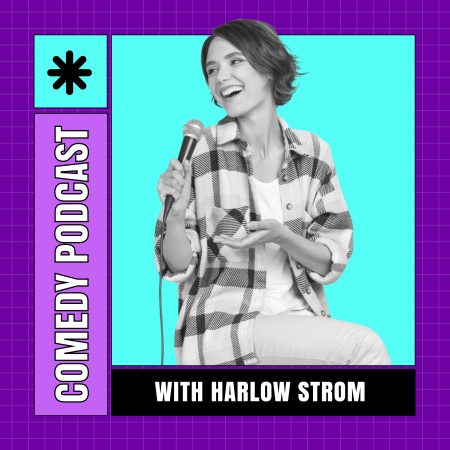 Template di design Annuncio di un episodio comico con una donna che ride Podcast Cover