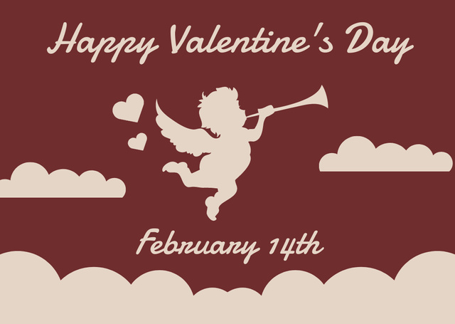 Happy Valentine's Day Greeting with Cupid in Sky Card Design Template
