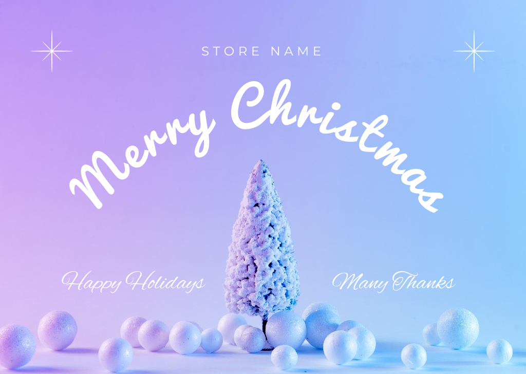 Christmas and New Year Greeting with Tree on Blue Gradient Postcard Tasarım Şablonu