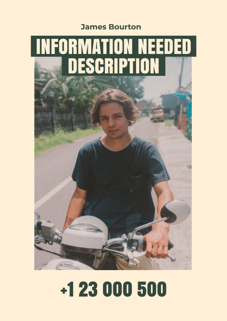 Announcement of Missing Young Guy on Motorcycle Poster A3 Design Template