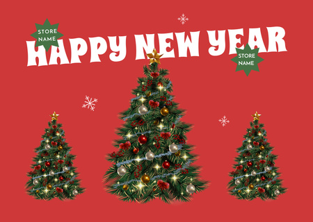 Happy New Year Greeting with Decorated Tree in Red Postcard Design Template