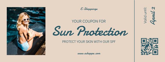 Platilla de diseño Sun Protection Sale with Beautiful Woman in Swimsuit Coupon