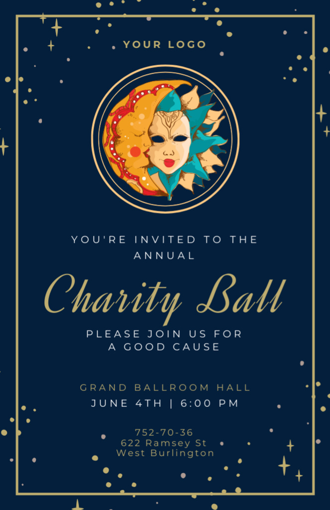 Designvorlage Annual Charity Ball With Masks Announcement In Blue für Invitation 5.5x8.5in