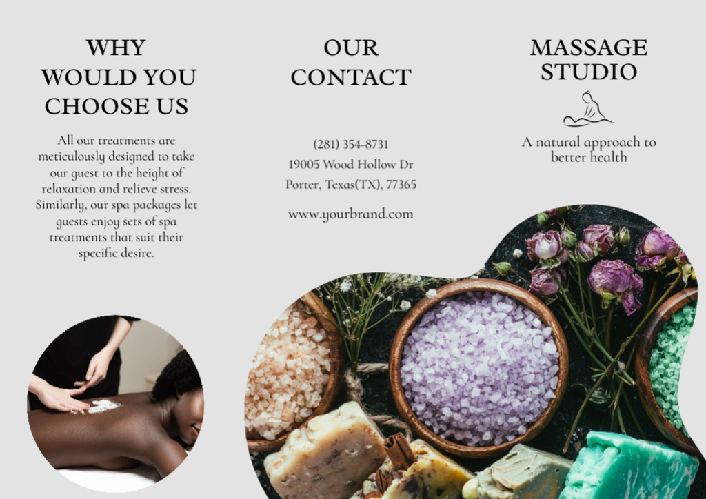 Massage Studio Information with Natural Cosmetics Brochure Πρότυπο σχεδίασης