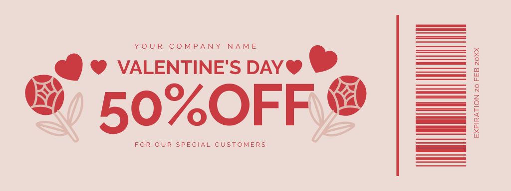 Valentine's Day Discount Announcement on Pink with Flowers Couponデザインテンプレート