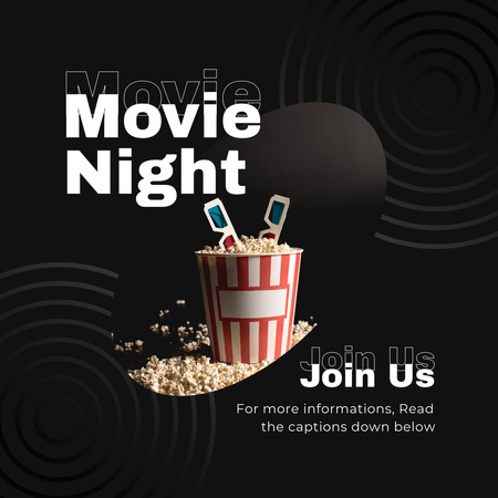 Noční filmové oznámení s krabicí popcornu v černém Instagram Šablona návrhu