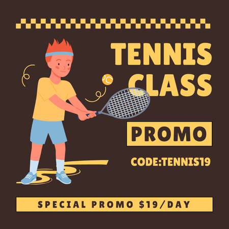 Promo de aula de tênis com menino segurando raquete Instagram Modelo de Design