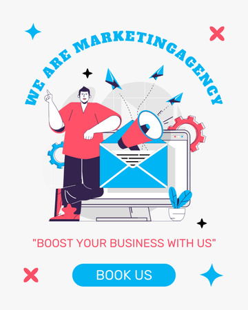 Template di design Offerta di servizi di agenzia di marketing digitale con uomo in maglietta rosa Instagram Post Vertical