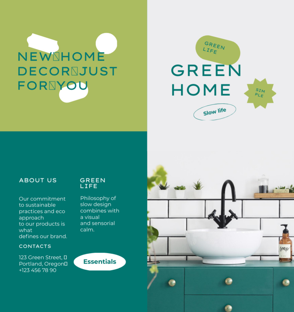Designvorlage Eco Interior Offer with Wash Basin on Green für Brochure Din Large Bi-fold