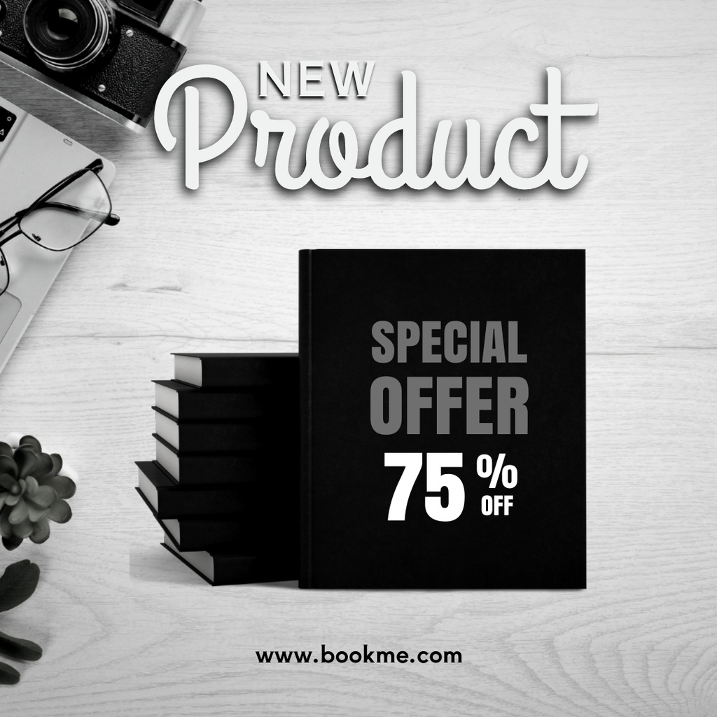 Book Discount Ad on Black and White Instagram Tasarım Şablonu