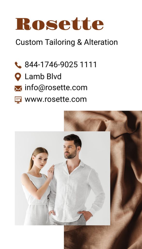 Custom Tailoring Services Ad with Couple in White Clothes Business Card US Vertical Šablona návrhu