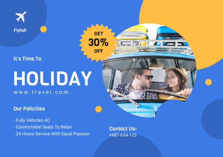 Platilla de diseño Discount Ad with Young Couple Traveling by Car on Holiday Flyer A5 Horizontal