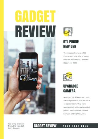 Gadget Review with Woman taking photo of city Newsletter Design Template