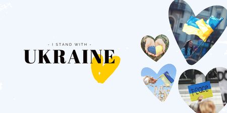 Plantilla de diseño de Llamado a apoyar a Ucrania y los corazones con la bandera del estado de Ucrania Twitter 