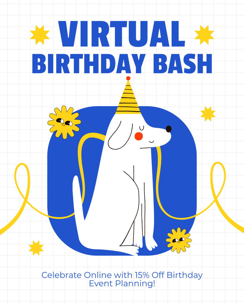 Virtual Birthday Party Planning with Cute Dog Instagram Post Vertical Πρότυπο σχεδίασης