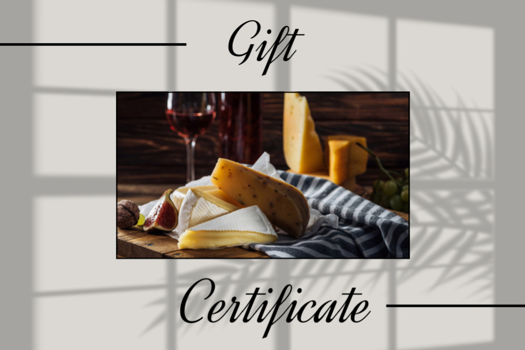 Designvorlage Cheese Tasting Announcement with Glass of Red Wine für Gift Certificate