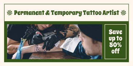 Plantilla de diseño de Servicio de tatuador permanente y temporal con descuento Twitter 