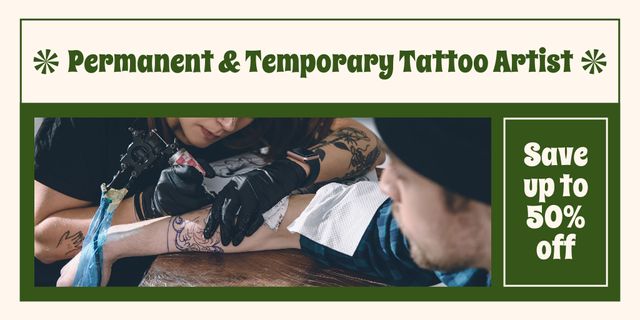 Designvorlage Permanent And Temporary Tattoo Artist Service With Discount für Twitter