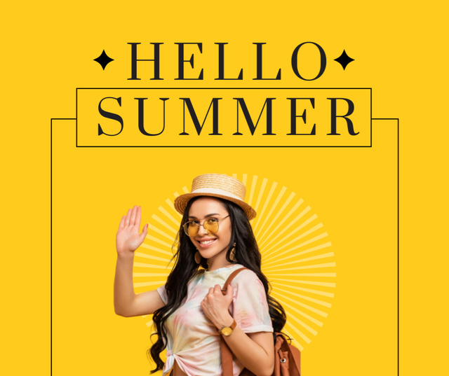 Congratulations on Coming of Summer with Image of Young Woman Facebook Design Template