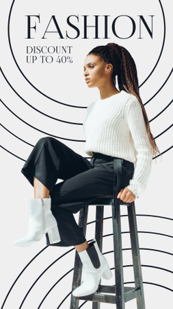 Fashion Sale Announcement with Woman Sitting on Chair Instagram Story tervezősablon