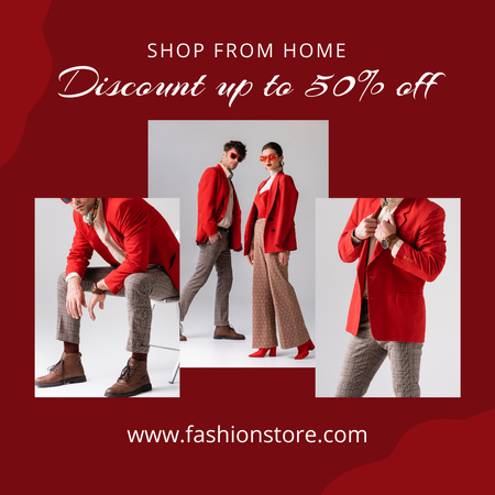 Modern Clothing Ad with Couple in Red Instagram Design Template