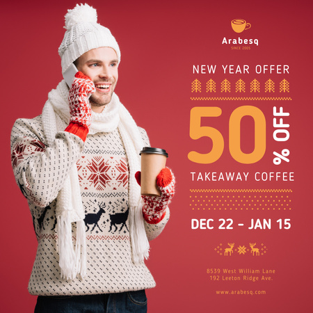 New Year Offer Man with Takeaway Coffee Instagram Design Template