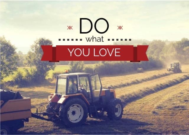 Platilla de diseño Tractor on mowed field with inspirational quote Card