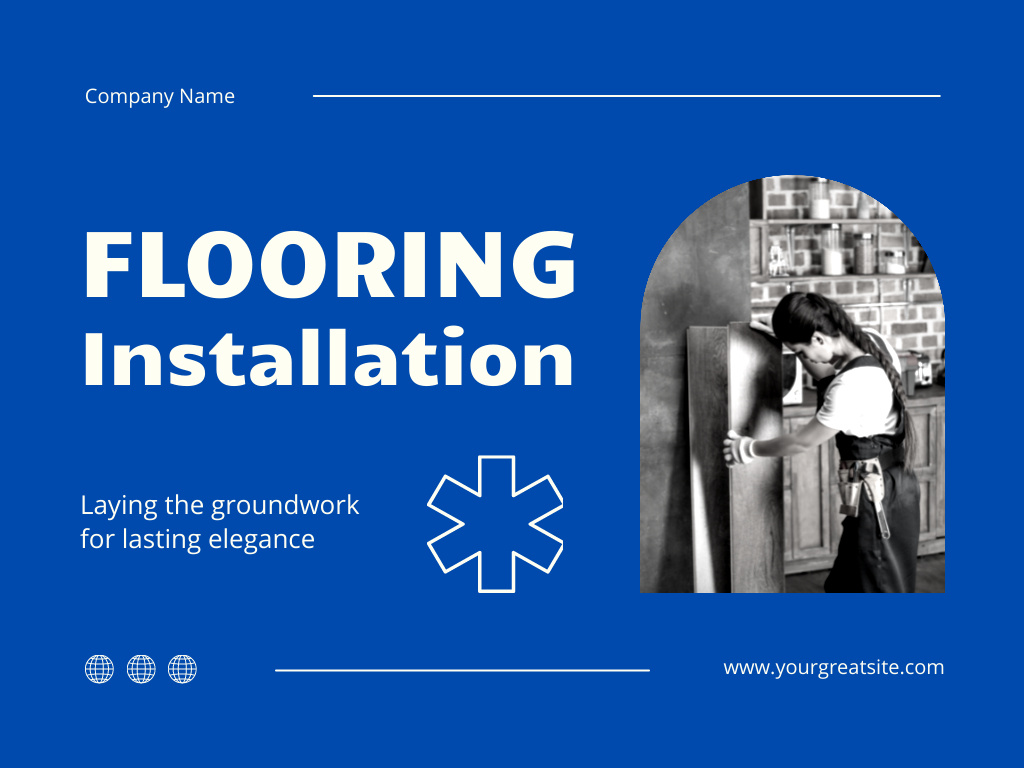 Designvorlage Flooring Installation with Woman Working in House für Presentation