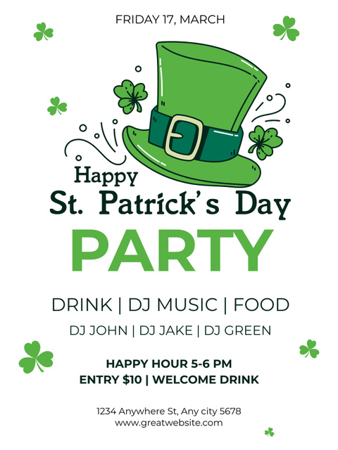 St. Patrick's Day Party Announcement with Green Hat Poster US Design Template
