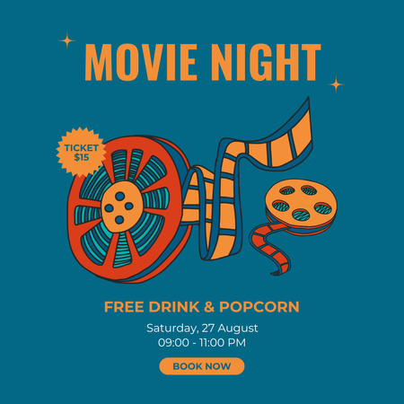 Movie Night Announcement on Blue Instagram Design Template